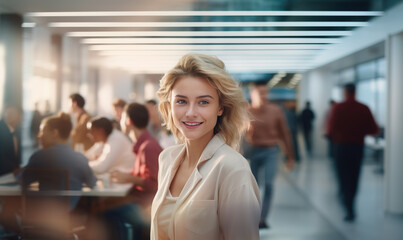 Wall Mural - Smiling woman passing by in busy office with people working together on new project