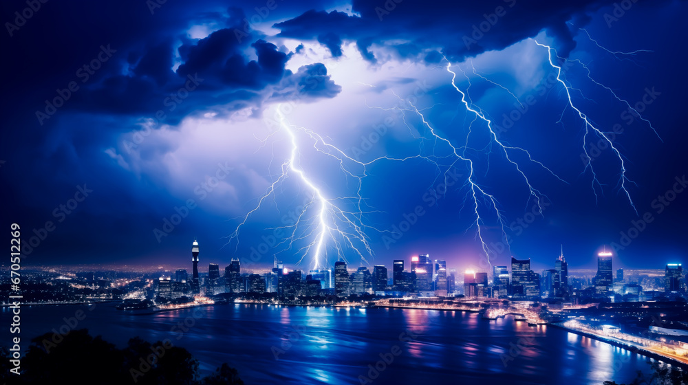 A thunderstorm with lighting strikes over an urban city skyline at ...