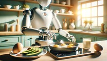 In A Futuristic Kitchen, A Robotic Chef Prepares A Mouth-watering Meal With Precision And Grace, Using Sleek Tableware And Dishware Such As Ceramic Teapots And Porcelain Plates While Steam From Kettl