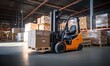 © uhdenis - A Warehouse Scene with a Busy Forklift and Stacked Boxes