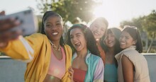 Women, Group Selfie And Park For Youth Culture With Funny Face, Blow Kiss And Diversity With Post On Web Blog. Gen Z Girl Friends, Photography Or Profile Picture With Memory, Emoji And Social Media