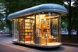 smart transparent and neon bus stop with bench and bookshelves
