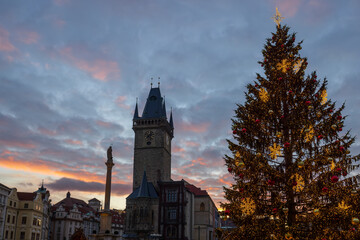 Sticker - Old Town Square at Christmas time, Prague, Czech Republic