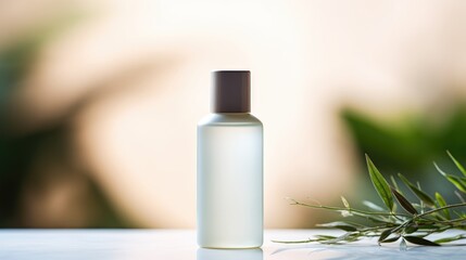 Poster - A bottle of essential oil sitting on a table with leaves, AI