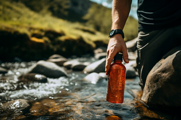 Human hand filling up waterbottle in natural mountain river, on a hike through the mountains