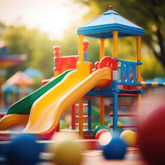 Canvas Print - A colorful playground with a slide and balls, AI