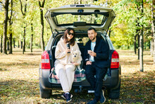 Couple with their dog relaxing in forest sitting in car trunk