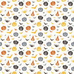 Wall Mural - Funny Halloween texture with pumpkins, bats and spiders. Seamless pattern. Vector