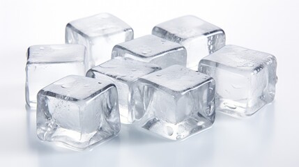 Leinwandbilder - Natural crystal clear melting ice cubes on white reflective surface background.