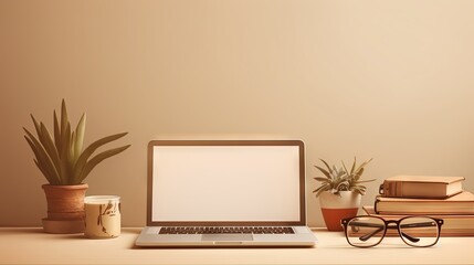Aufkleber - Banner with laptop, eyeglasses and stationery on a beige background. E-learning concept.