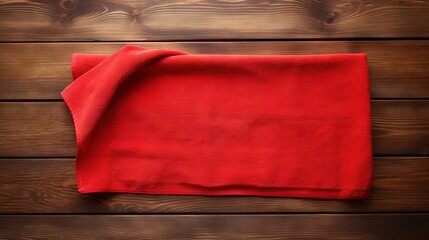 Poster - Red towel over wooden kitchen table. View from above with copy space.