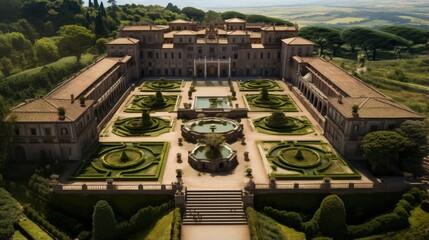 Aerial view of Villa Farnese and its gardens located in Caprarola, near Viterbo, Italy. It is a pentagonal palace in the Renaissance and Mannerist style. The building is empty.