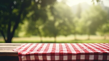 Poster - Red checkered picnic cloth on wooden table empty space blurred nature background.