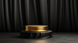 3D realistic black and gold cylinder podium on dark fabric wrinkles scene background luxury style