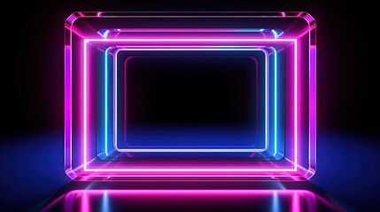 Aufkleber - 3d render, abstract background, square portal, glowing lines, tunnel, neon lights, virtual reality, arch, pink blue spectrum vibrant colors, laser show, blank space, frame isolated on black