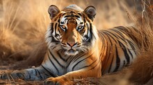 Wild Royal Bengal Tiger Portrait In Wildlife Safari At Ranthambore National Park Or Tiger Reserve Rajasthan India - Panthera Tigris Tigris
