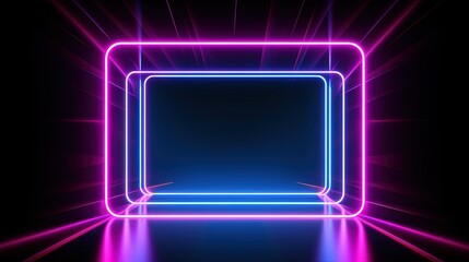 Aufkleber - 3d render, abstract background, square portal, glowing lines, tunnel, neon lights, virtual reality, arch, pink blue spectrum vibrant colors, laser show, isolated on black