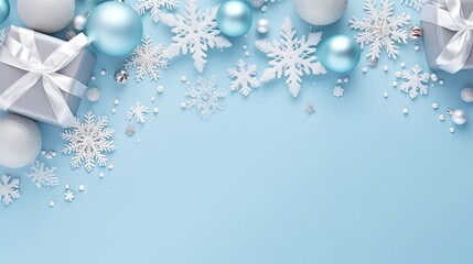 Poster - Merry Christmas and Happy Holidays greeting card, frame, banner. New Year. Noel. Silver Christmas gifts, ornaments on blue background top view. Winter holiday xmas theme. Flat lay.