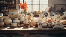 Assorted Ceramic Wares Arranged On Table In Pottery Studio