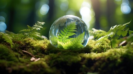 Sticker - Crystal Earth On Soil In Forest With Ferns And Sunlight - The Environment - Earth Day Concept