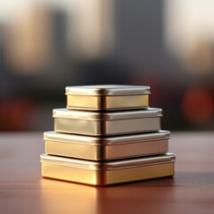 Poster - Stack of metal boxes on a table with cityscape in background, AI