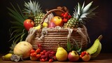 Exotic fruits in straw summer bag. Tropical pineapple, banana, pitahaya, kiwano, african horned melon, tamarillo fruit, granadilla, salak, snake fruit, maracuya, rambutan, lychee, longan, tamarind