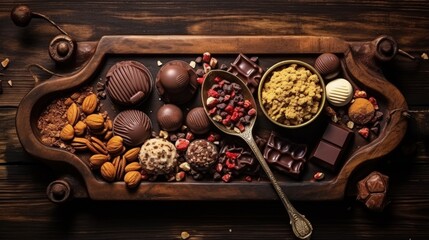 Poster - Handmade chocolate with hazelnuts, dark chocolate pieces, cocoa in a vintage spoon, chocolate truffles on a dark wooden background top view. Chocolate variety concept.