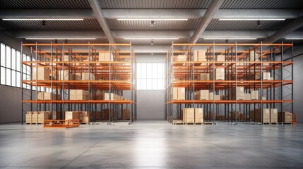 Poster - Modern interior of new empty warehouse. Racks pallets shelves. Metal construction. Storage equipment.