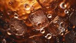 macro cola,Detail of Cold Bubbly Carbonated Soft Drink with Ice,Close up view of the ice cubes in dark cola background. Texture of cooling sweet summer's drink with foam and macro bubbles on the glass
