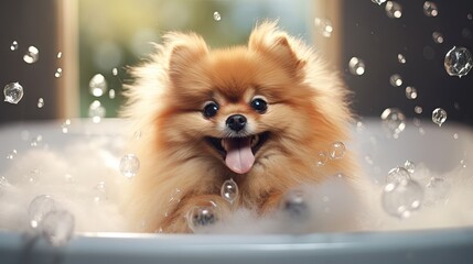 Wall Mural - Bathing of the funny pomeranian dog. Dog taking a bubble bath. Grooming dog.