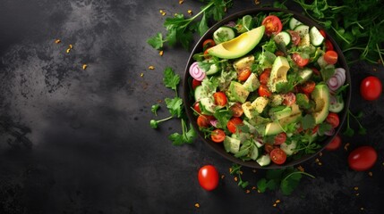 Sticker - Green vegan salad from green leaves mix and vegetables. Top view on gray stone table.