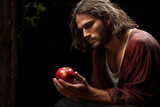 Fototapeta Mapy - photo that portrays Adam's hesitation as he contemplates taking a bite of the apple, illustrating the weight of his choice.