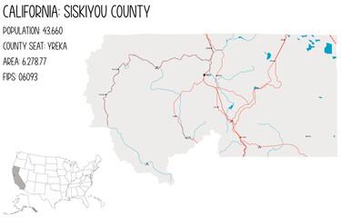  Large and detailed map of Siskiyou County in California, USA.