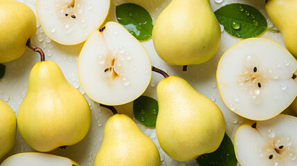 Wall Mural - Top view of fresh pear slice background on white background