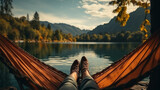 Fototapeta  - resting at camping woman laying in hammock with beautiful view of forest lake. generative ai