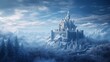 A magnificent castle in a wintry paradise. A fictitious snowy setting. Winter forest, winter castle above the mountain
