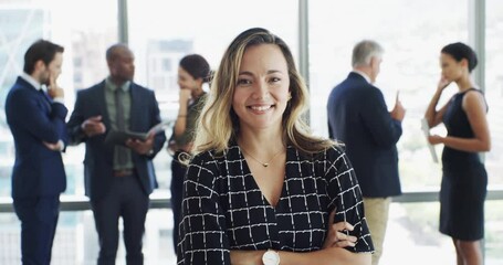 Canvas Print - Happy business woman, arms crossed and portrait with group for leadership, management and pride at corporate law firm. Attorney, lawyer or advocate by team, people and smile in modern office