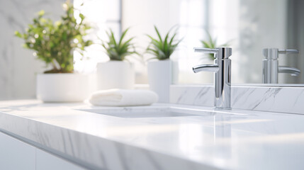 White bathroom interior design, undermount washbasin and faucet on white marble counter in modern luxury minimal washroom.