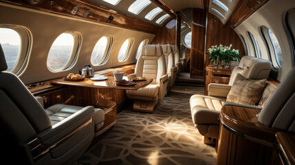 luxury interior in the modern business jet and sunlight at the window/sky and clouds through the porthole.