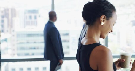 Poster - Face, walking or businesswoman on break with phone online for social media or website notification. Office, news blog or happy worker on mobile app texting or networking for communication or chat