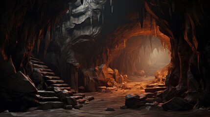 a cave with stairs and light