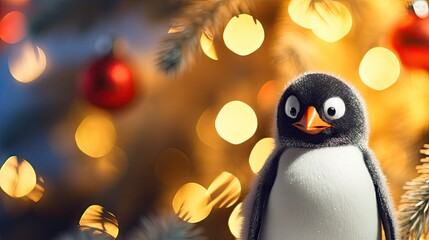 Poster -  a penguin standing in front of a christmas tree with lights on it's branches and a christmas ornament in the background.  generative ai