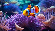 Clownfish Harmony: Amphiprion Ocellaris And Sea Anemone, Amphiprion Ocellaris Clownfish And Anemone In Sea