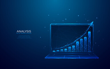 Poster - Abstract growth graph chart on a laptop screen on technology blue background. Finance and business analysis concept. Low poly wireframe vector illustration in futuristic hologram blue style.