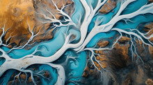 Glacial River With Many Meandering Branches And Veins, Sand, White Turquoise Colored Background 