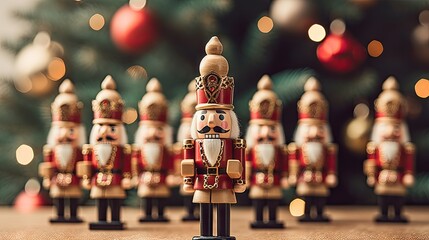 Poster -  a group of nutcrackers sitting on a table next to a christmas tree with lights in the background.  generative ai