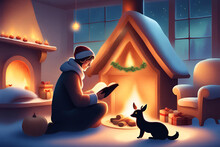 Man Reading A Book In Front Of The Fireplace. Christmas Illustration. Generative AI