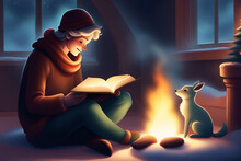 Man Reading A Book By The Fireplace At Home. Christmas And New Year Concept. Generative AI
