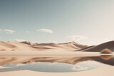 Fototapeta Natura - Product display on surreal desert background. Podium showcase on sand dunes, water lake. Empty space