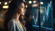 Beautiful Businesswoman Looking At Glowing Forex Chart On Monitor Screen, Trade Concept.